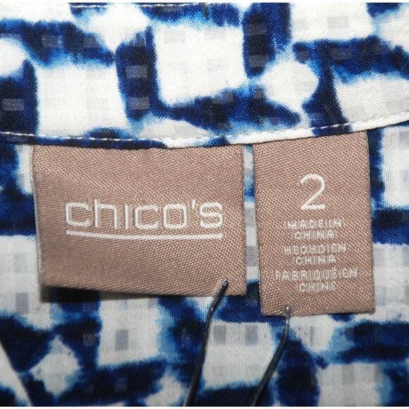 Chico's Blue & White Geo Print Pull Over Blouse Size 2 US L 12 Roll Tab V-Neck - Picture 8 of 10